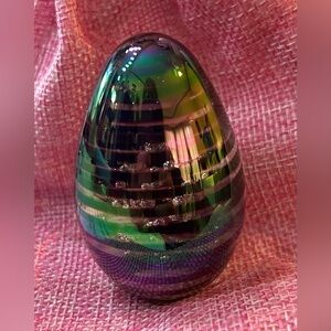 Iridescent Striped Egg-Shaped Paperweight with Controlled Bubbles; Glass Art.